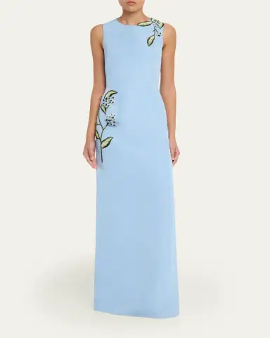 Oscar de la Renta Sleeveless Porcelain Flowers Embroidered Faille Gown | Thumbnail 2 Oscar de la Renta Sleeveless Porcelain Flowers Embroidered Faille Gown | Thumbnail 2