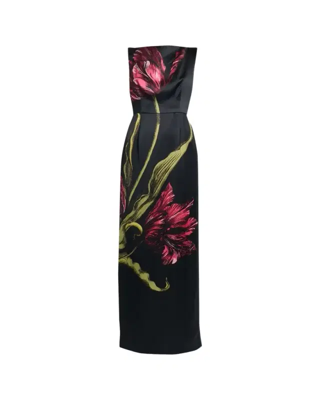 Floral-Print Duchess Satin Sleeveless Gown