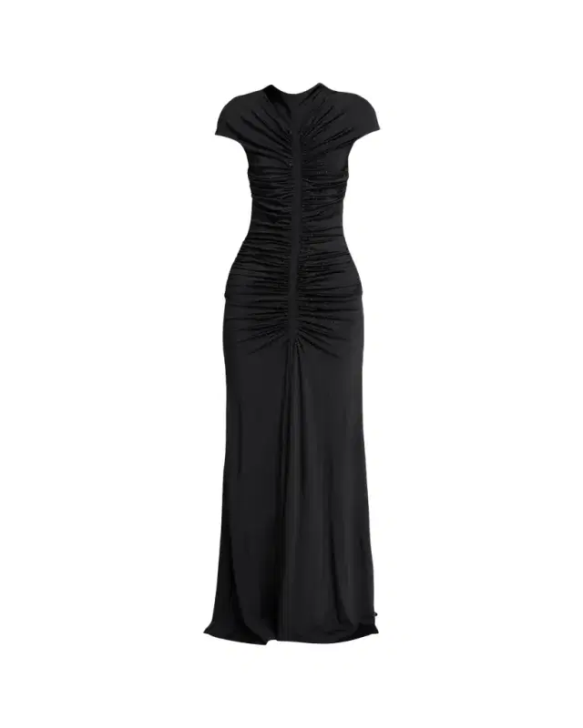 Ruched Cap-Sleeve Rhinestone Gown