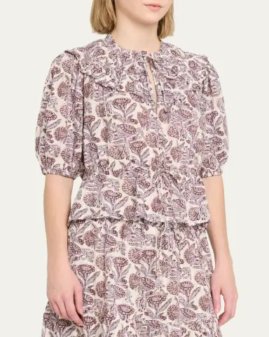 Ulla Johnson Elvie Printed Short-Sleeve Blouse | Thumbnail 4 Ulla Johnson Elvie Printed Short-Sleeve Blouse | Thumbnail 4