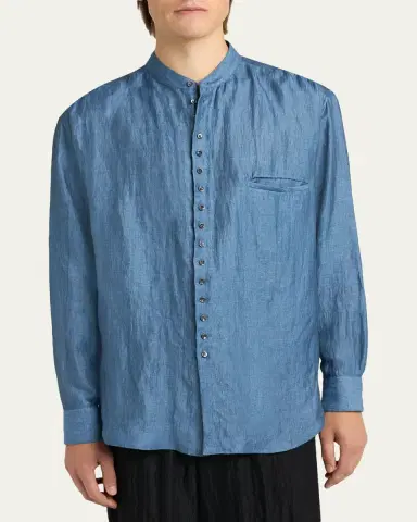 Giorgio Armani Men's Linen and Nylon Band Collar Button-Down Shirt | Thumbnail 4 Giorgio Armani Men's Linen and Nylon Band Collar Button-Down Shirt | Thumbnail 4