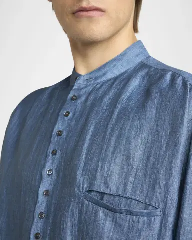 Giorgio Armani Men's Linen and Nylon Band Collar Button-Down Shirt | Thumbnail 9 Giorgio Armani Men's Linen and Nylon Band Collar Button-Down Shirt | Thumbnail 9