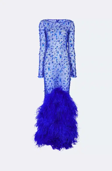 LAPOINTE Embroidered Mesh Boatneck Gown With Feathers | Thumbnail 1