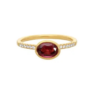 GOSHWARA Goshwara Gossip 18K Yellow Gold Diamond and Oval Garnet Ring Sz. 6.75 by The Solist | Thumbnail 1