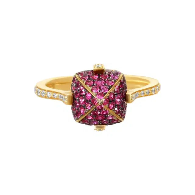 GOSHWARA Goshwara Sugarloaf 18K Yellow Gold Diamond and Ruby Ring Sz. 6.5 by The Solist