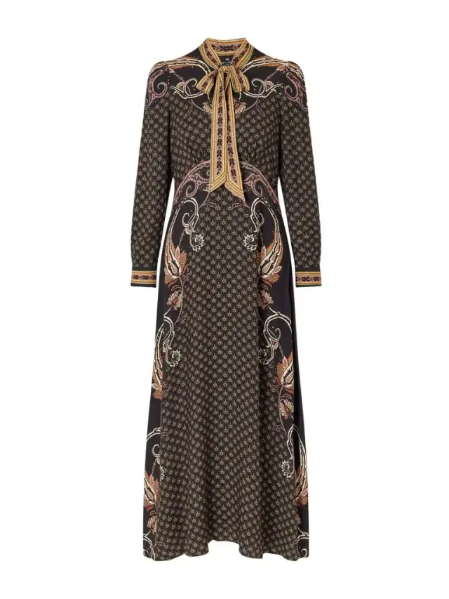Pussy-bow Printed Satin Midi Dress