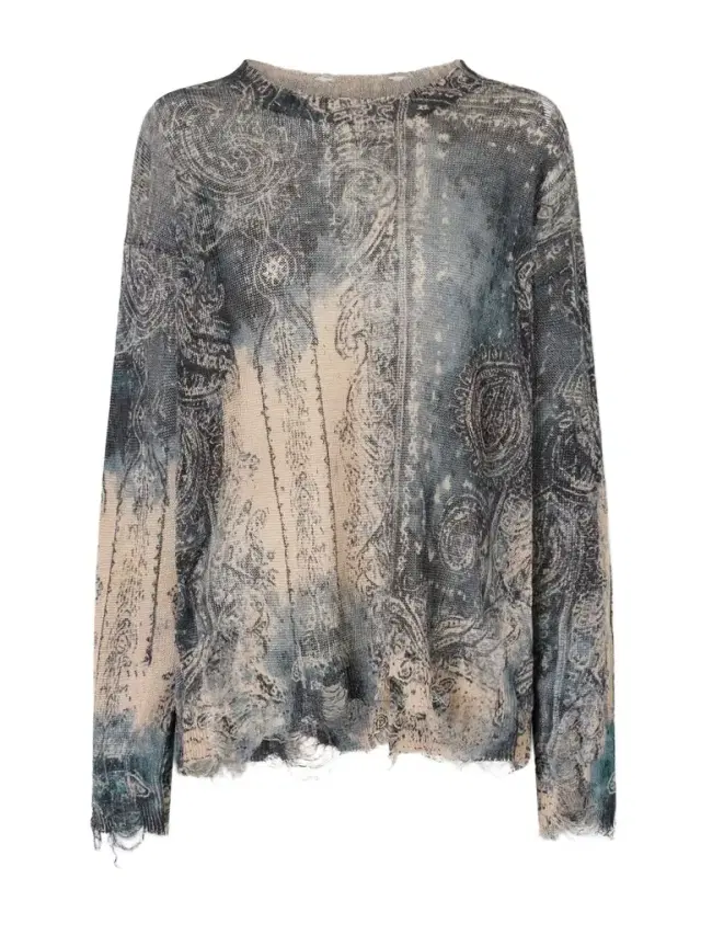 Boyfriend Distressed Printed Linen Knit Sweater