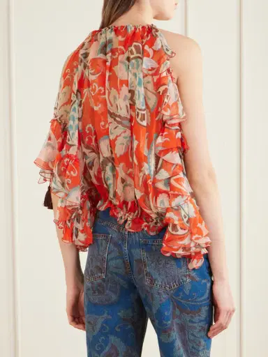 Etro Off-the-shoulder Asymmetric Tasseled Ruffled Printed Silk-chiffon Blouse | Thumbnail 3 Etro Off-the-shoulder Asymmetric Tasseled Ruffled Printed Silk-chiffon Blouse | Thumbnail 3