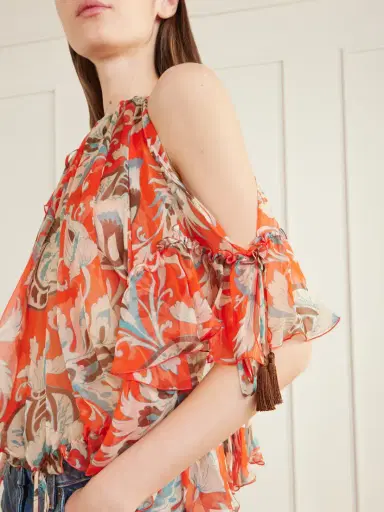 Etro Off-the-shoulder Asymmetric Tasseled Ruffled Printed Silk-chiffon Blouse | Thumbnail 4 Etro Off-the-shoulder Asymmetric Tasseled Ruffled Printed Silk-chiffon Blouse | Thumbnail 4