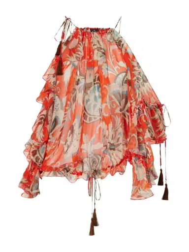 Etro Off-the-shoulder Asymmetric Tasseled Ruffled Printed Silk-chiffon Blouse | Thumbnail 1 Etro Off-the-shoulder Asymmetric Tasseled Ruffled Printed Silk-chiffon Blouse | Thumbnail 1