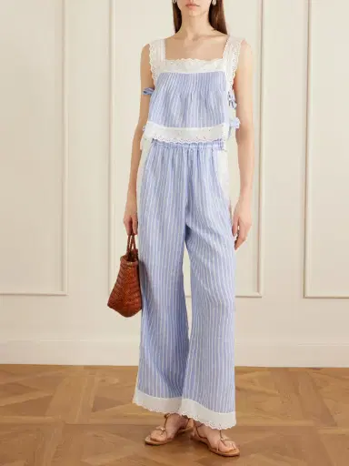 Loretta Caponi Clarissa Bow-embellished Striped Broderie Anglaise-trimmed Linen Straight-leg Pants | Thumbnail 2 Loretta Caponi Clarissa Bow-embellished Striped Broderie Anglaise-trimmed Linen Straight-leg Pants | Thumbnail 2