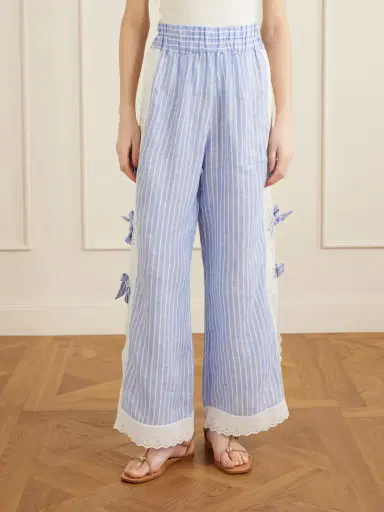 Loretta Caponi Clarissa Bow-embellished Striped Broderie Anglaise-trimmed Linen Straight-leg Pants | Thumbnail 3 Loretta Caponi Clarissa Bow-embellished Striped Broderie Anglaise-trimmed Linen Straight-leg Pants | Thumbnail 3