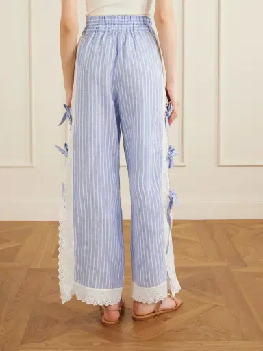 Loretta Caponi Clarissa Bow-embellished Striped Broderie Anglaise-trimmed Linen Straight-leg Pants | Thumbnail 4 Loretta Caponi Clarissa Bow-embellished Striped Broderie Anglaise-trimmed Linen Straight-leg Pants | Thumbnail 4