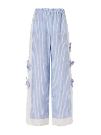 Loretta Caponi Clarissa Bow-embellished Striped Broderie Anglaise-trimmed Linen Straight-leg Pants | Thumbnail 1 Loretta Caponi Clarissa Bow-embellished Striped Broderie Anglaise-trimmed Linen Straight-leg Pants | Thumbnail 1