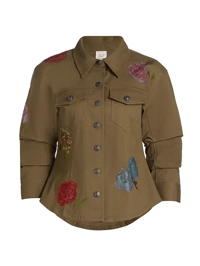 Cinq à Sept Women's Canyon Crystal Rose Scrunched Jacket - Dark Olive Multi
