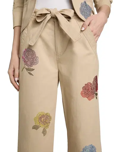 Cinq à Sept Women's Mylah Crystal Rose Drawstring Pants - Khaki Multi - Size 14 | Thumbnail 6