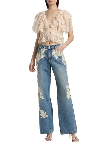 LoveShackFancy Women's Caper Tiered Lace Crop Top | Thumbnail 2