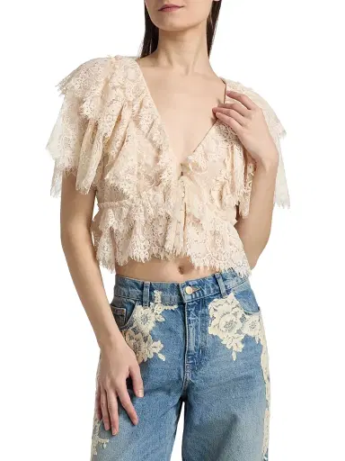 LoveShackFancy Women's Caper Tiered Lace Crop Top | Thumbnail 3