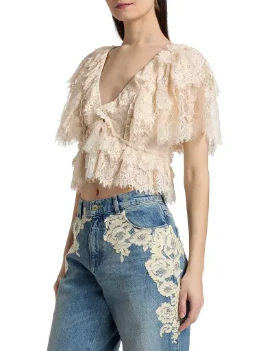 LoveShackFancy Women's Caper Tiered Lace Crop Top | Thumbnail 4