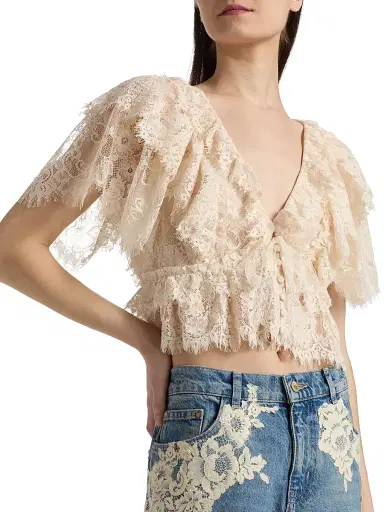 LoveShackFancy Women's Caper Tiered Lace Crop Top | Thumbnail 6