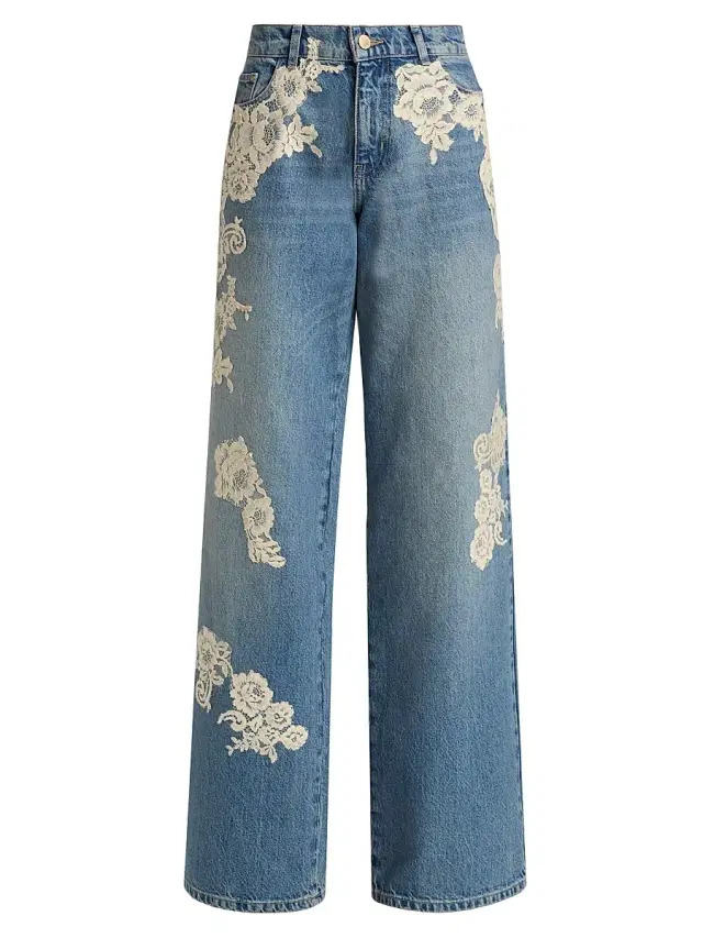 LoveShackFancy Women's Bambie Lace-Appliqué Wide-Leg Jeans - Faded Blue