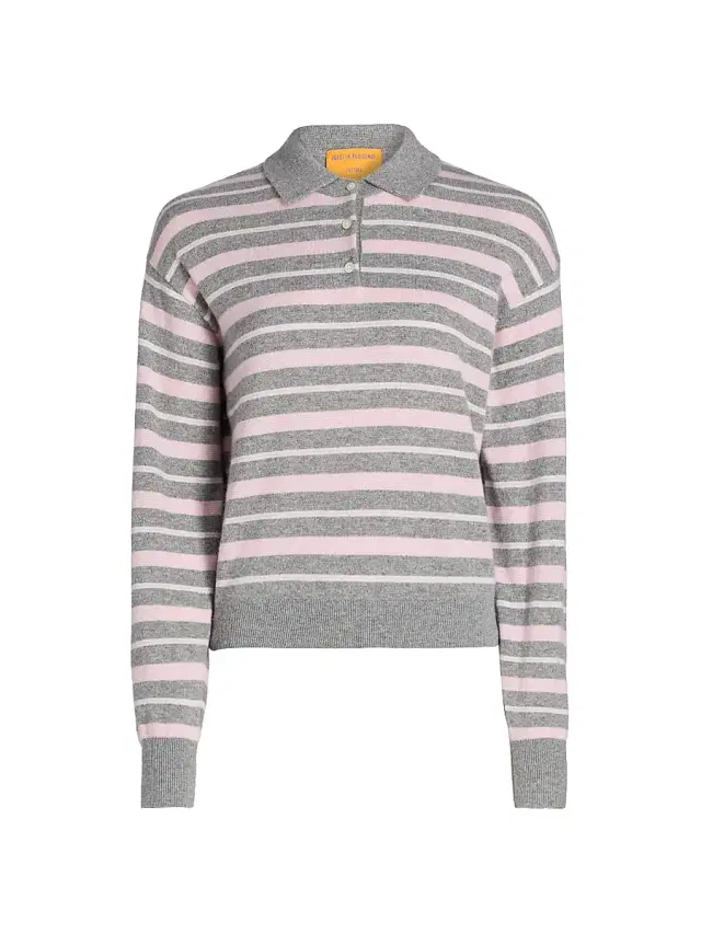 Women's Collegiate Striped Cashmere Polo Sweater - Heather Grey Combo