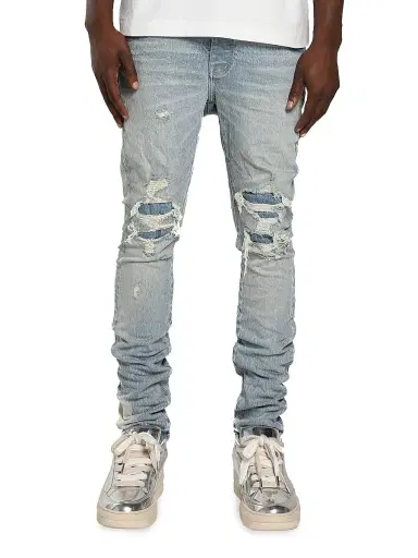 Purple Brand Men's Garda Repairs Distressed Skinny Jeans - Light Indigo | Thumbnail 1 Purple Brand Men's Garda Repairs Distressed Skinny Jeans - Light Indigo | Thumbnail 1