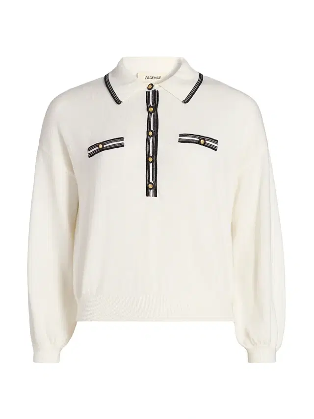 L'AGENCE Women's Malaki Stripe Trim Polo Top -  Black