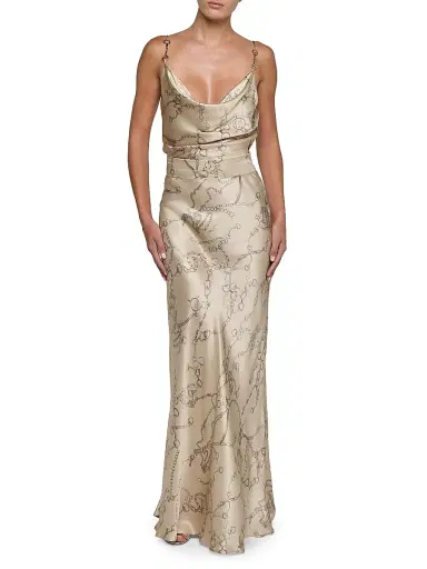 L'Agence Women's Ryker Horsebit Chain-Print Silk Maxi Skirt - Soft Macadamia Heart Chain - Size 2 | Thumbnail 2