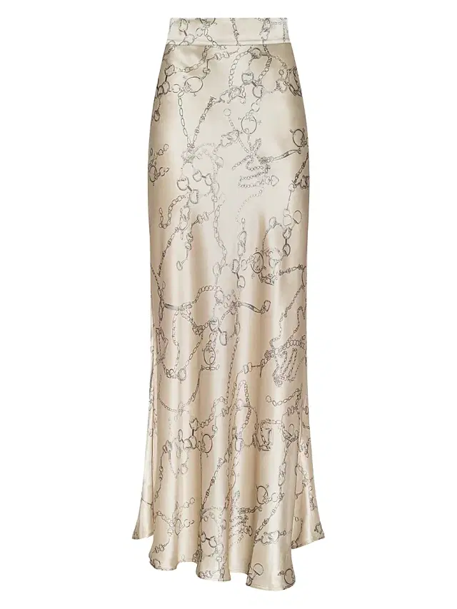 L'AGENCE Women's Ryker Horsebit Chain-Print Silk Maxi Skirt - Soft Macadamia Heart Chain