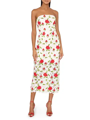 Milly Women's Kait Rose-Embroidered Lace Midi-Dress - White Red Green - Size 12 | Thumbnail 3