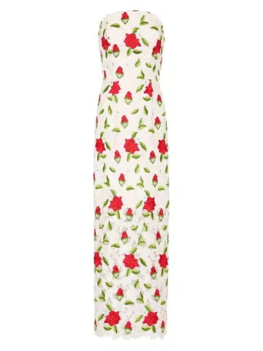 Milly Women's Kait Rose-Embroidered Lace Midi-Dress - White Red Green - Size 12 | Thumbnail 1