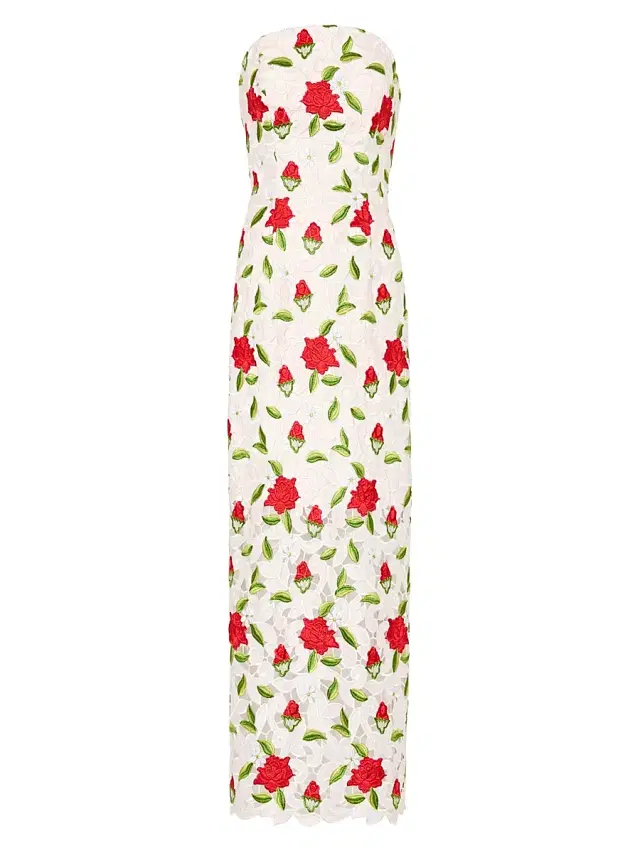 Milly Women's Kait Rose-Embroidered Lace Midi-Dress - White Red Green