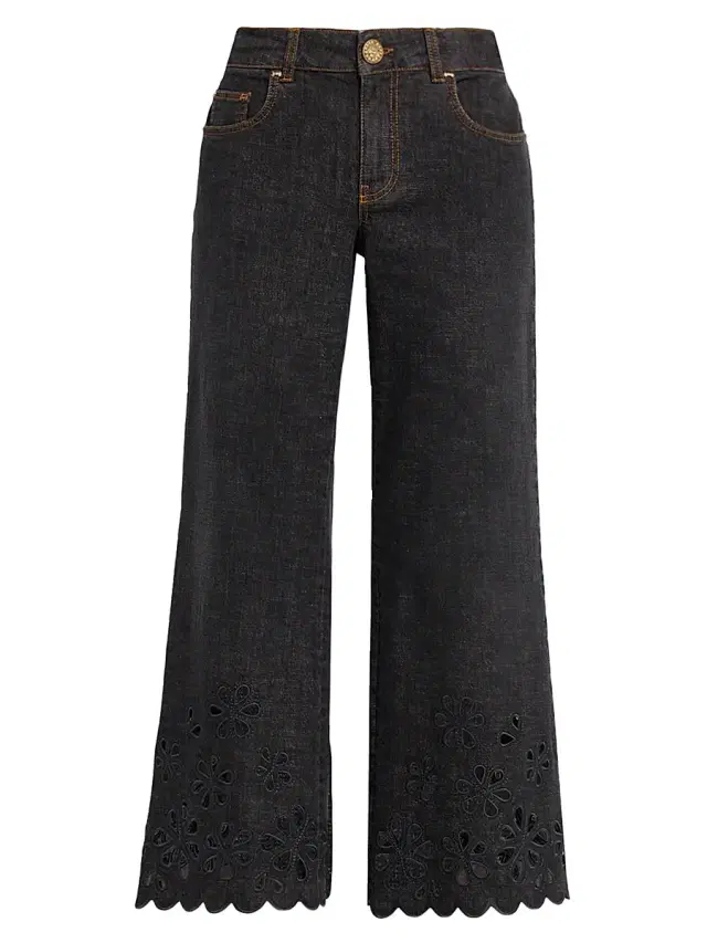 Women's Floral Broderie Anglaise Crop Jeans - Black