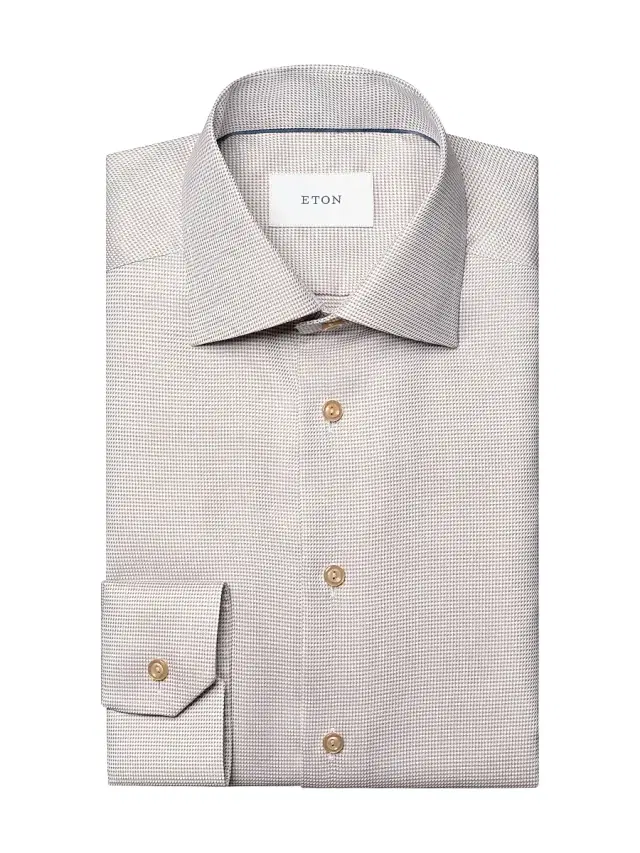 Men's Houndstooth Contemporary-Fit Cotton Twill Shirt - Beige
