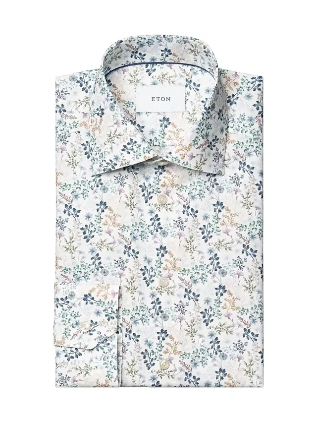 Men's Floral Slim-Fit Cotton Twill Shirt - Blue
