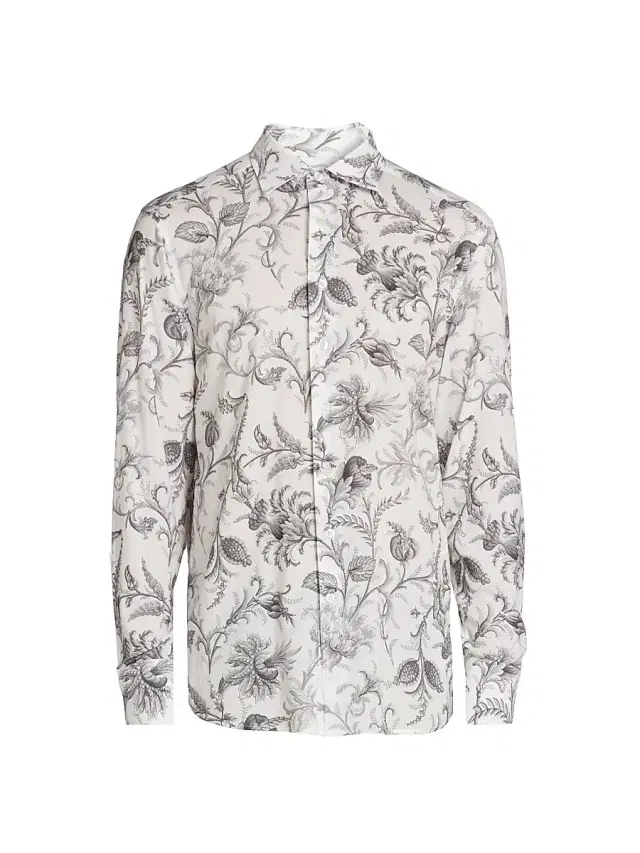 Etro Men's Stretch Floral-Print Button-Front Shirt - Print On White Base