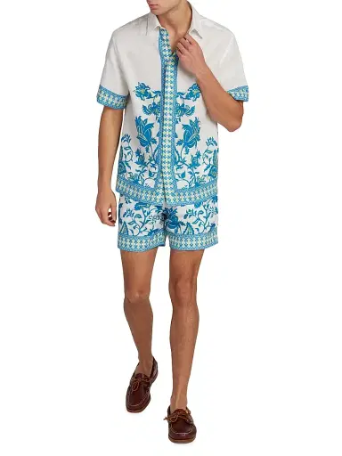 Etro Men's Aqua Print Linen Short-Sleeve Shirt - Stampa Azzurro | Thumbnail 2 Etro Men's Aqua Print Linen Short-Sleeve Shirt - Stampa Azzurro | Thumbnail 2