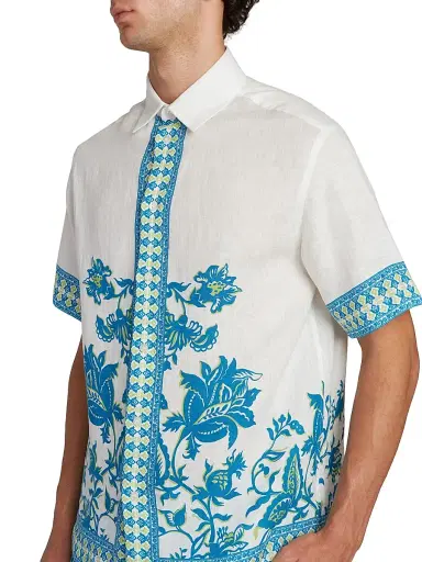 Etro Men's Aqua Print Linen Short-Sleeve Shirt - Stampa Azzurro | Thumbnail 6 Etro Men's Aqua Print Linen Short-Sleeve Shirt - Stampa Azzurro | Thumbnail 6