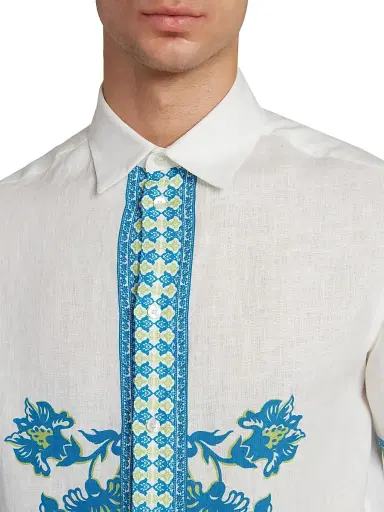Etro Men's Aqua Print Linen Short-Sleeve Shirt - Stampa Azzurro | Thumbnail 7 Etro Men's Aqua Print Linen Short-Sleeve Shirt - Stampa Azzurro | Thumbnail 7