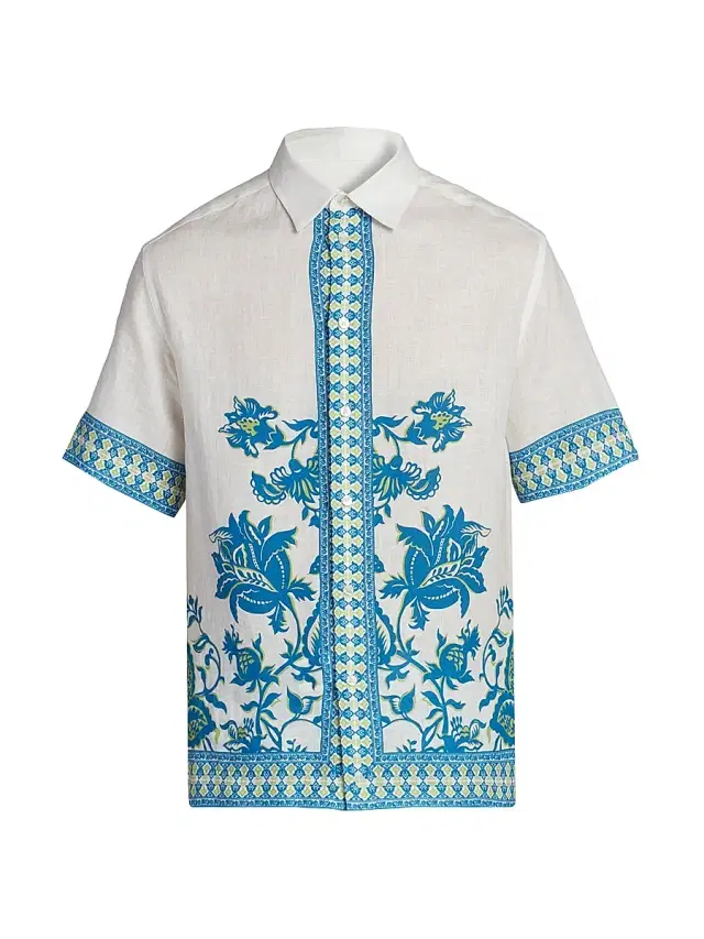 Men's Aqua Print Linen Short-Sleeve Shirt - Stampa Azzurro