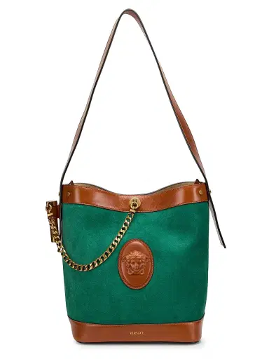 Versace Women's Pivot Small Suede Bucket Bag | Thumbnail 1 Versace Women's Pivot Small Suede Bucket Bag | Thumbnail 1