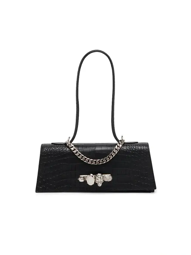 McQueen Women's Jewelled Croc-Embossed Leather Top Handle Bag - Black