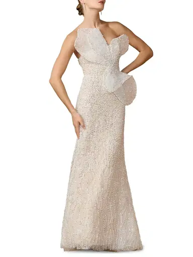 Mac Duggal Women's Bow-Detail Bead-Embellished Organza Strapless Gown - Ivory Beige - Size 12 | Thumbnail 1 Mac Duggal Women's Bow-Detail Bead-Embellished Organza Strapless Gown - Ivory Beige - Size 12 | Thumbnail 1