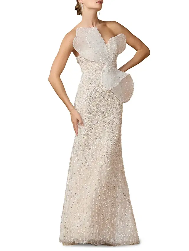 Mac Duggal Women's Bow-Detail Bead-Embellished Organza Strapless Gown -  Beige