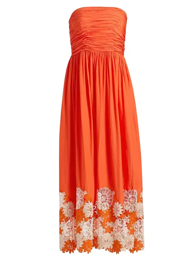 Ramy Brook Women's Milani Floral-Appliqué Strapless Midi-Dress - Sunset Orange