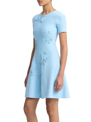 Oscar de la Renta Women's Porcelain Flower Embroidered Minidress - Cerulean | Thumbnail 4