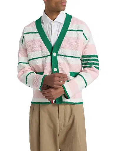 Thom Browne Men's Striped Cotton Cardigan - Light Pink - Size XXL | Thumbnail 3