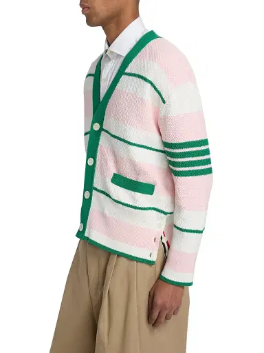 Thom Browne Men's Striped Cotton Cardigan - Light Pink - Size XXL | Thumbnail 4