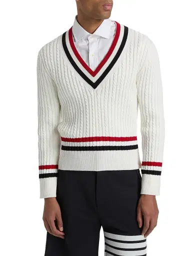 Thom Browne Men's Cable-Knit Cotton Cricket Sweater | Thumbnail 3 Thom Browne Men's Cable-Knit Cotton Cricket Sweater | Thumbnail 3